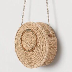 NWOT H&M Straw Shoulder Bag Gold Hardware Round Light Beige Coastal Cowgirl